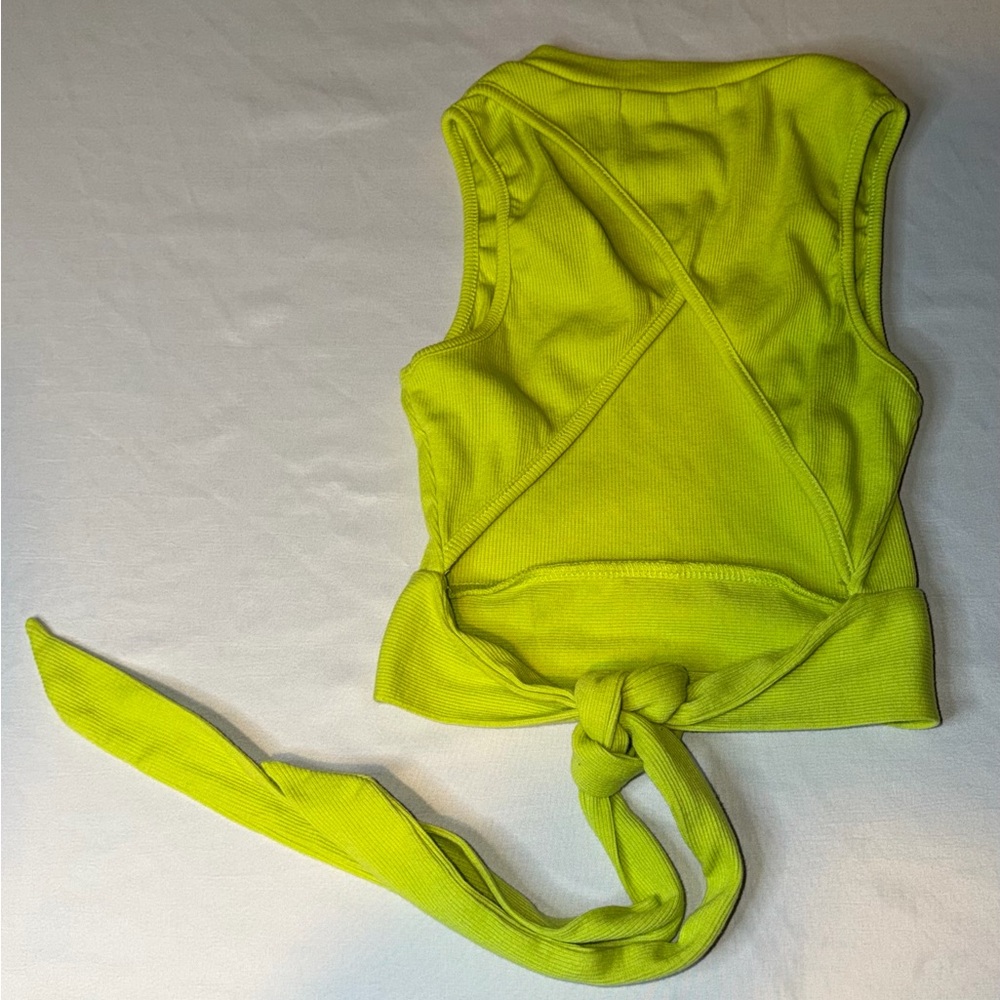 Miss Sparkling Neon Green Ribbed Crop Tank Tie Back Y2K Top Small - Picture 4 of 6